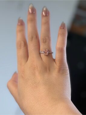 Pink Oval Halo Engagement Ring in Silver Band